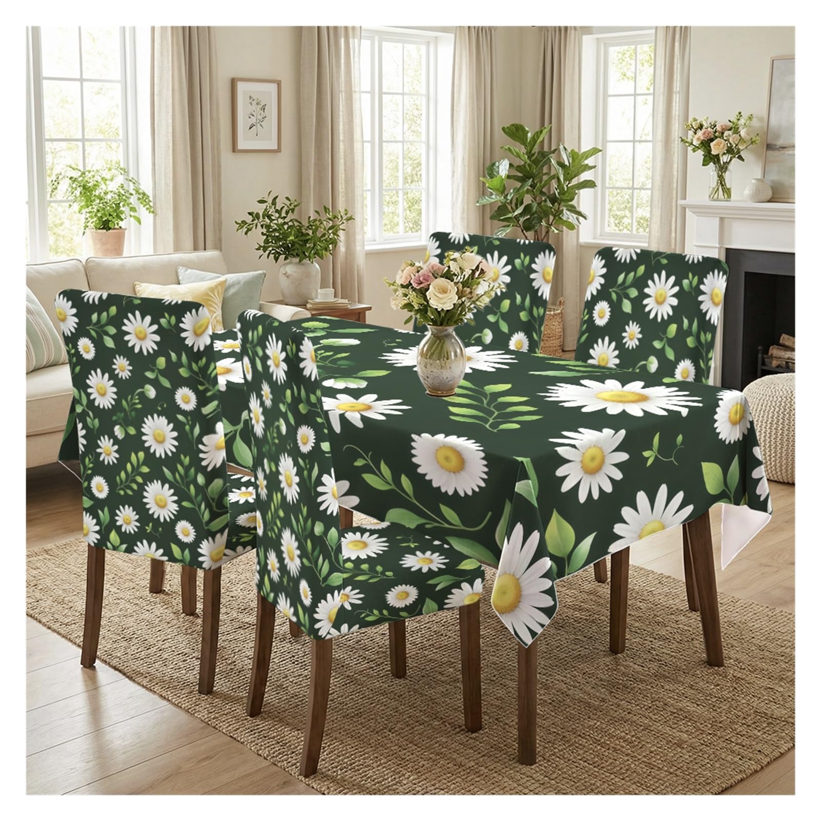 KXUAUV Dark Green Background White Daisy Floral Dining Tablecloth & Chair Covers Set, 5/7 Piece Fresh Country Cottage Farmhouse Dining Decor Party Decor(5pcs Set: Tablecloth+Chair Covers)