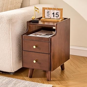Narrow Walnut Wooden Nightstand with Drawer - 11.8" Small Solid Wood Bedside Table, Modern Dark End Table with Storage Open Shelf & Cable Hole for Bedroom Living Room, 15.7" D x 11.8" W x 19.7" H