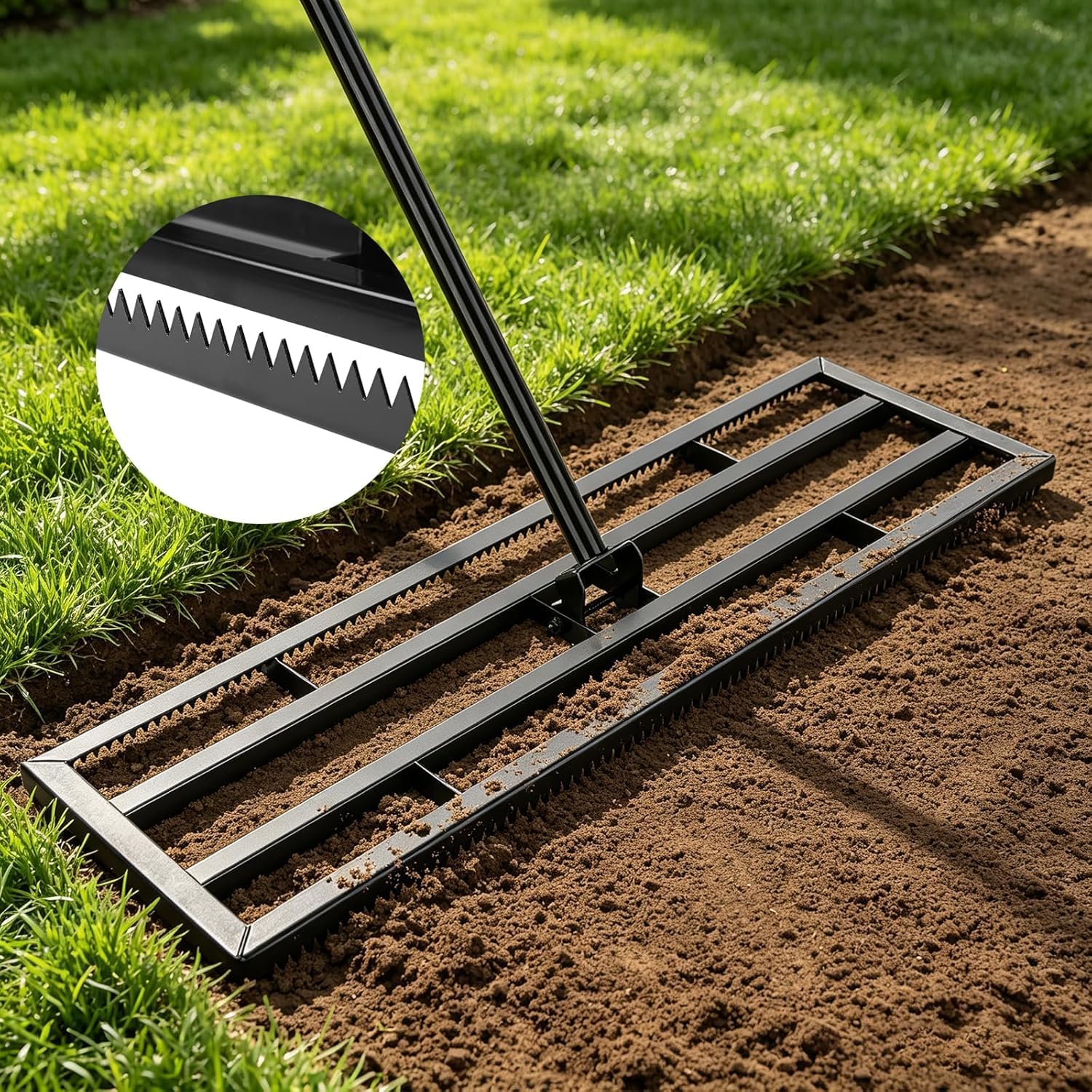 Rasen Nivellierrechen 43x25cm mit Gezahnte Seite und 199 cm Langer Griff, 2-In-1 Rasen-Nivelliergerat aus Eisen, Rasenrechen Leveling Rake für Garten/Hof/Golfplatz, Einebnen von Sand und Erde