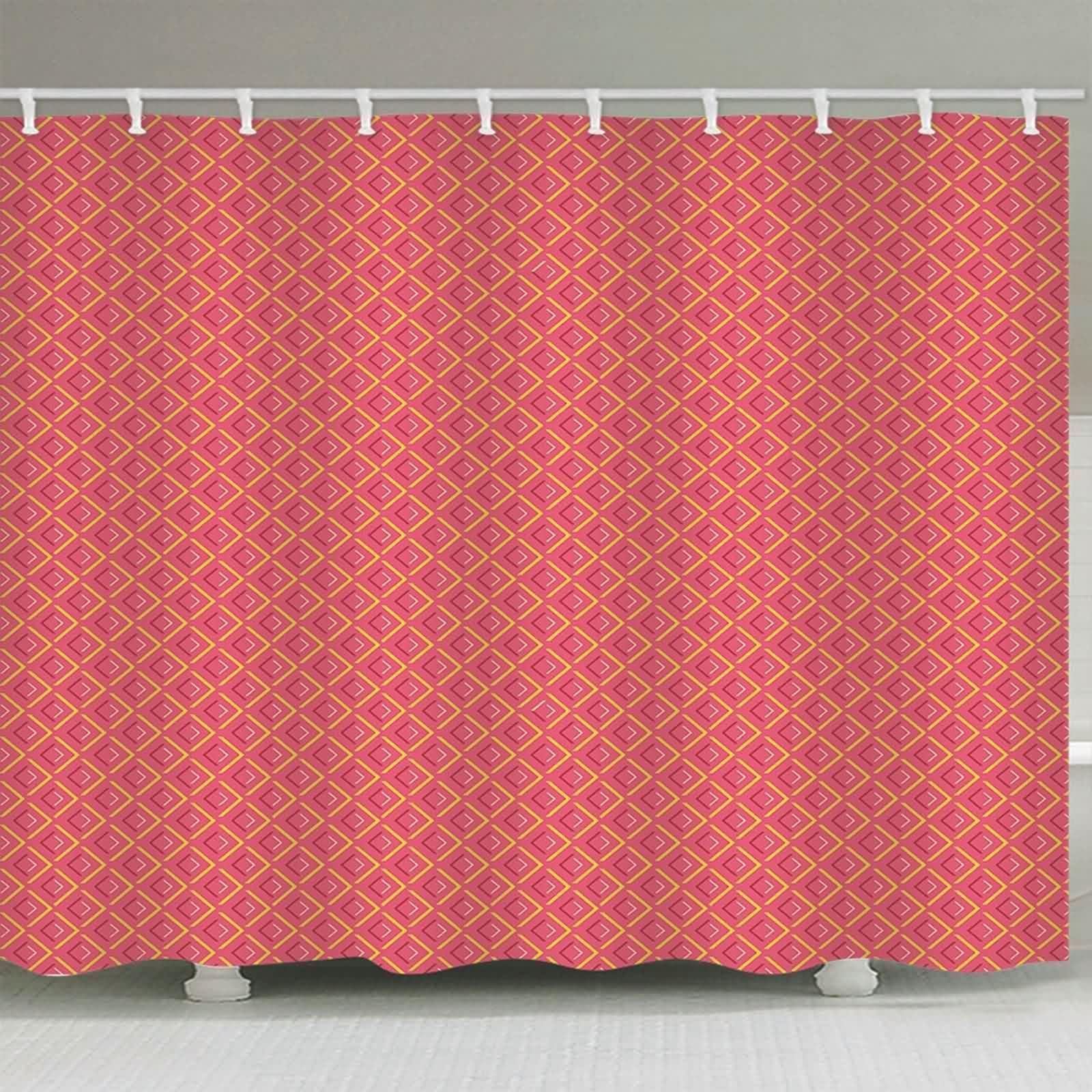 Tenda da doccia in tessuto rosa, rosso, piccola fantasia quadrata, in tessuto di poliestere, resistente alla muffa, lavabile con anelli per tenda da doccia