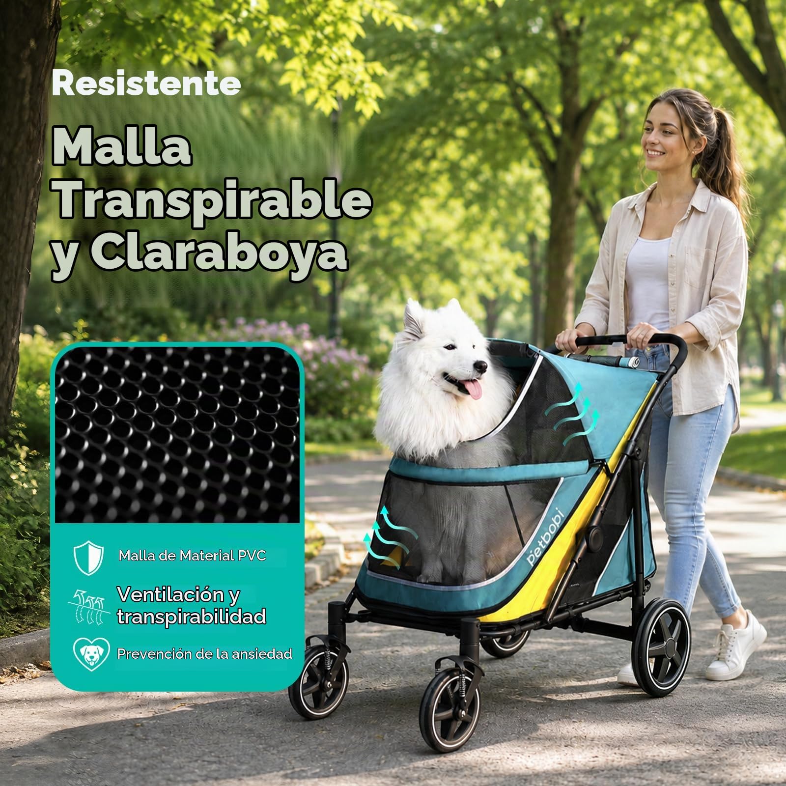 Petbobi Cochecito para perros de gran tamaño, carro para perros fácil de plegar con doble entrada, freno de un pie, malla grande transpirable y techo corredizo, cochecito todo terreno para perros