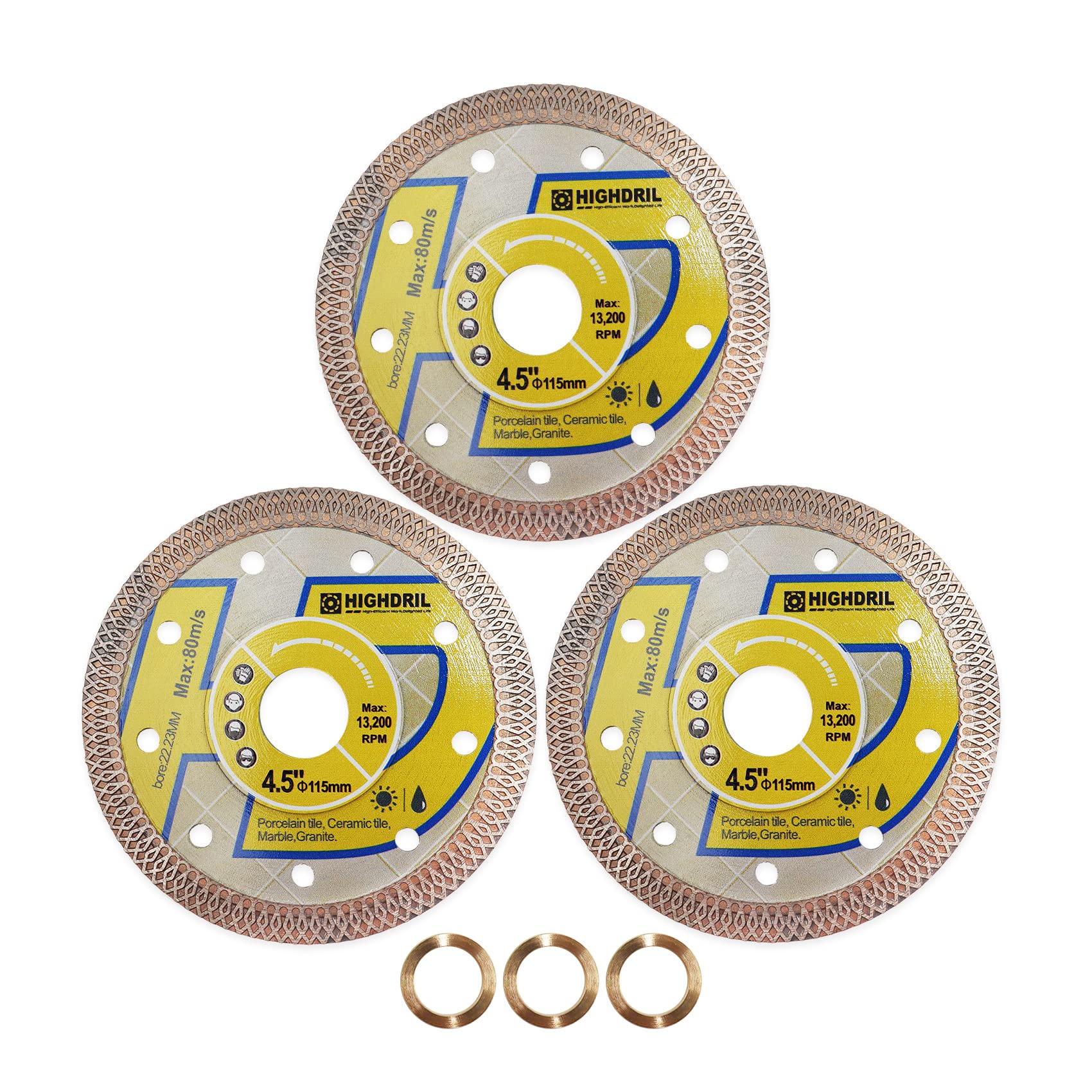 Hoja de diamante superfina, HIGHDRIL 3 piezas 115mm con cenador de 7/8-5/8 pulgadas,hoja de diamante seco húmedo con borde de malla X Angel Grinder disco de porcelana cerámica terracota granito mármol