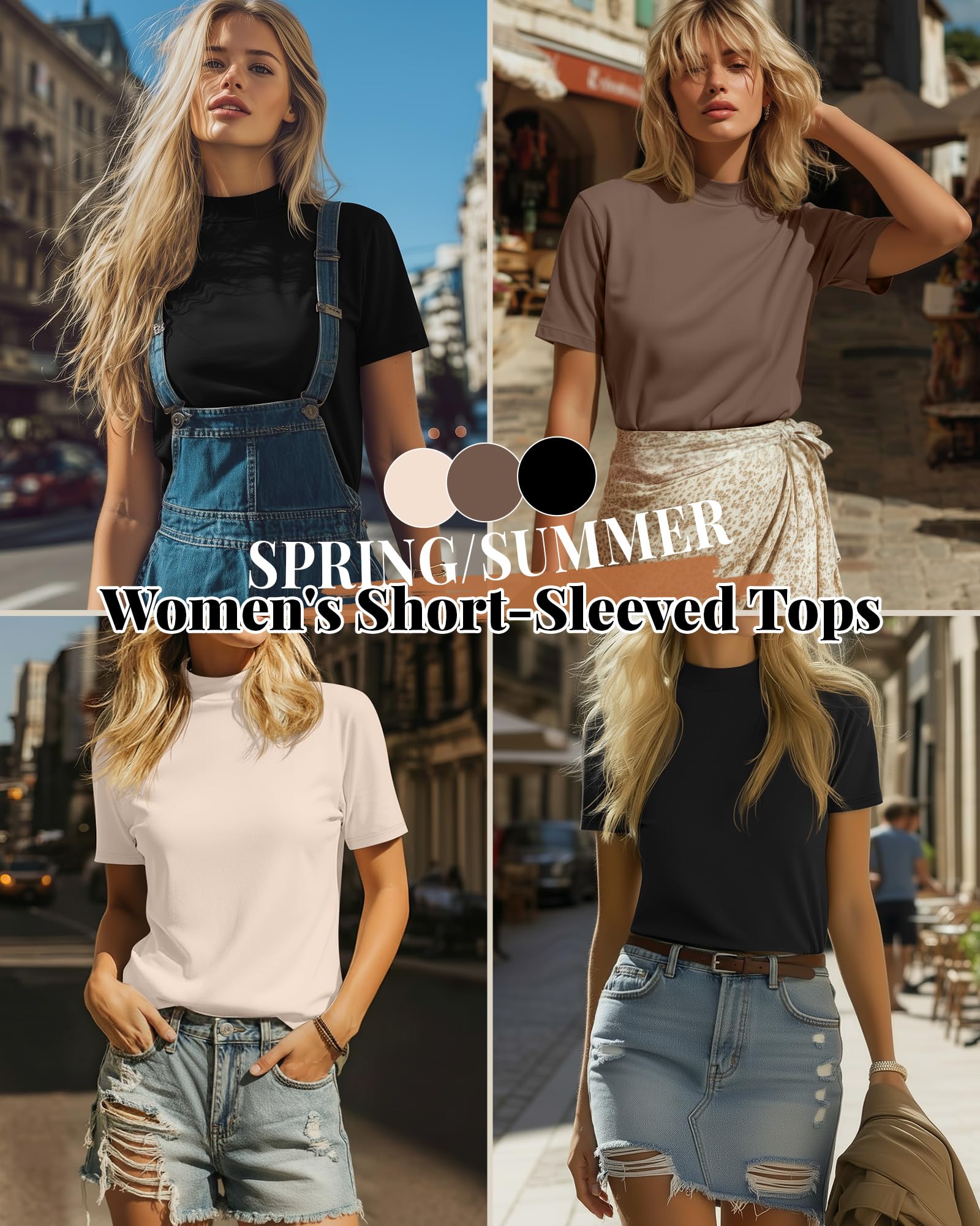 Ficerd Lot de 3 T-Shirts à Col Montant pour Femme, Manches Courtes, Coupe Ajustée, Style Décontracté, Idéal pour l'Été