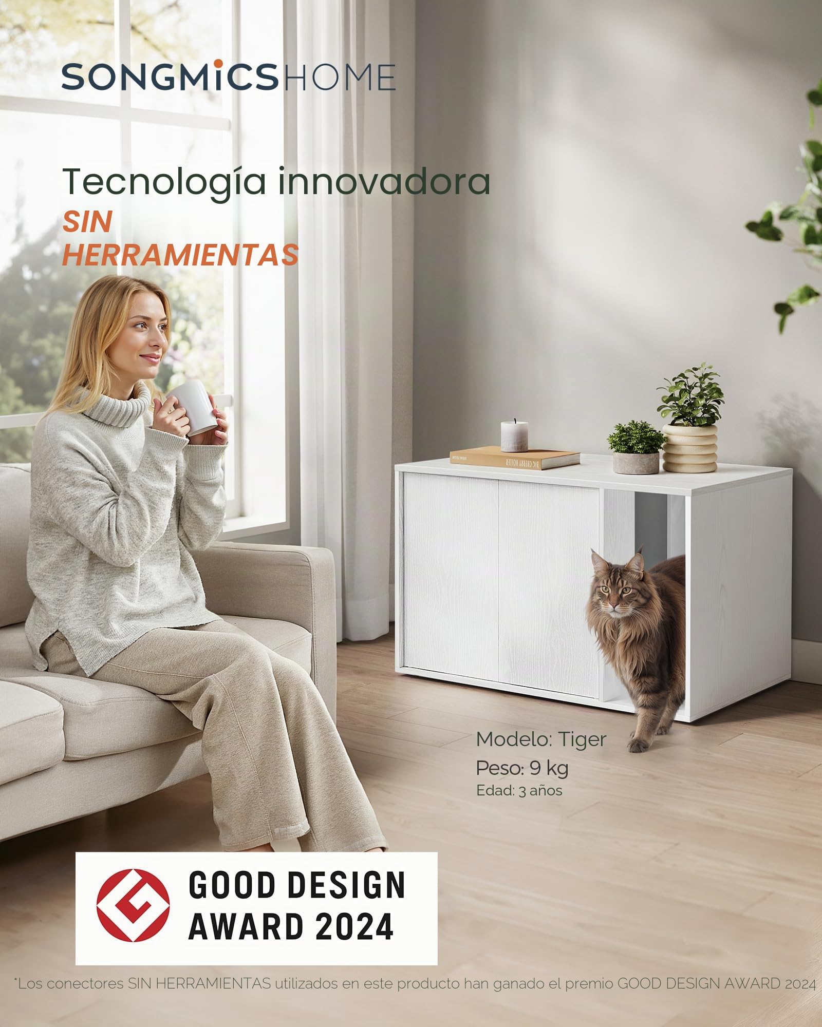 SONGMICS Home Caja Arenero, Montaje Súper Rápido Sin Herramientas Toolless, Casa Grande para Gatos con Puerta con Apertura a Presión, Minimalista, Blanco Nieve PCL013W01