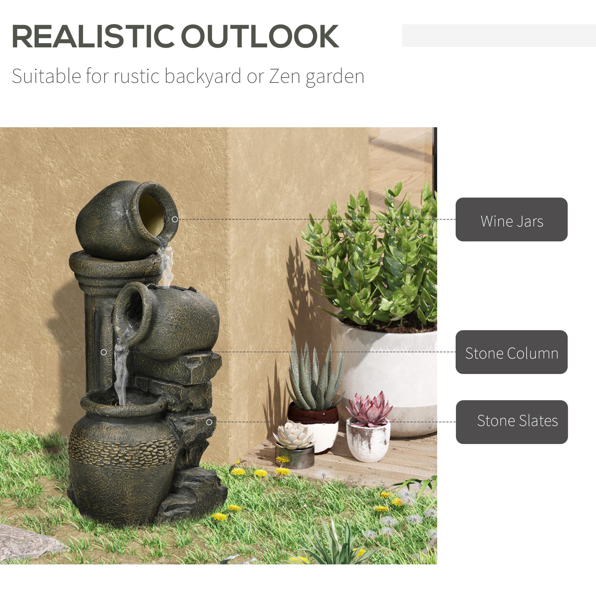 Outsunny Zen - Fuente de jardín ornamental (3 jarras, flujo ajustable, bomba de agua sumergible, incluye dim. 36,5 x 32 x 73 cm, resina gris
