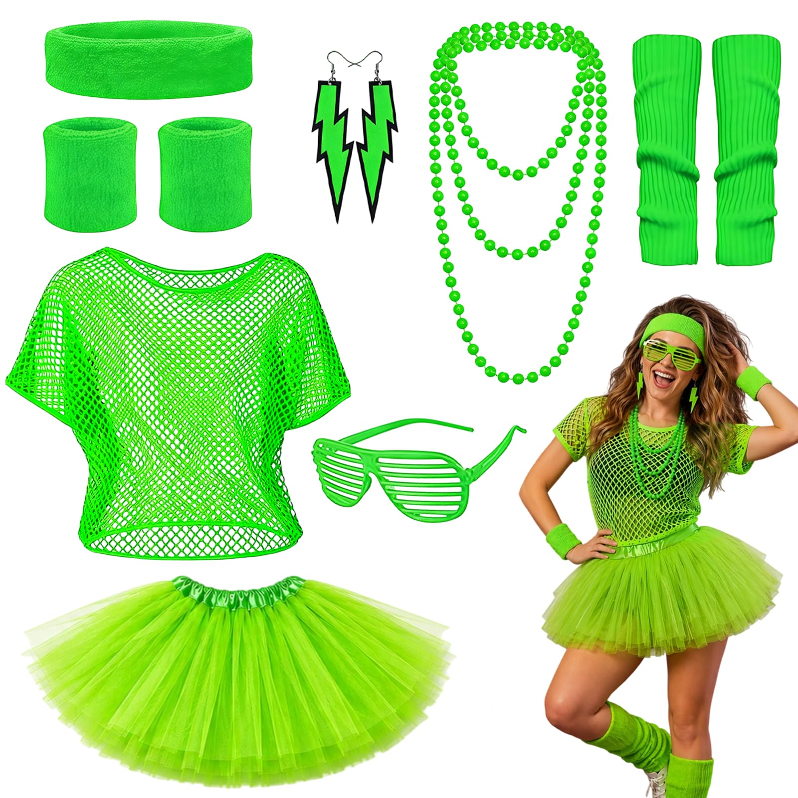 BORISCA 11PCS 80s Fancy Dress for Women Green Neon 80s Accessories Set