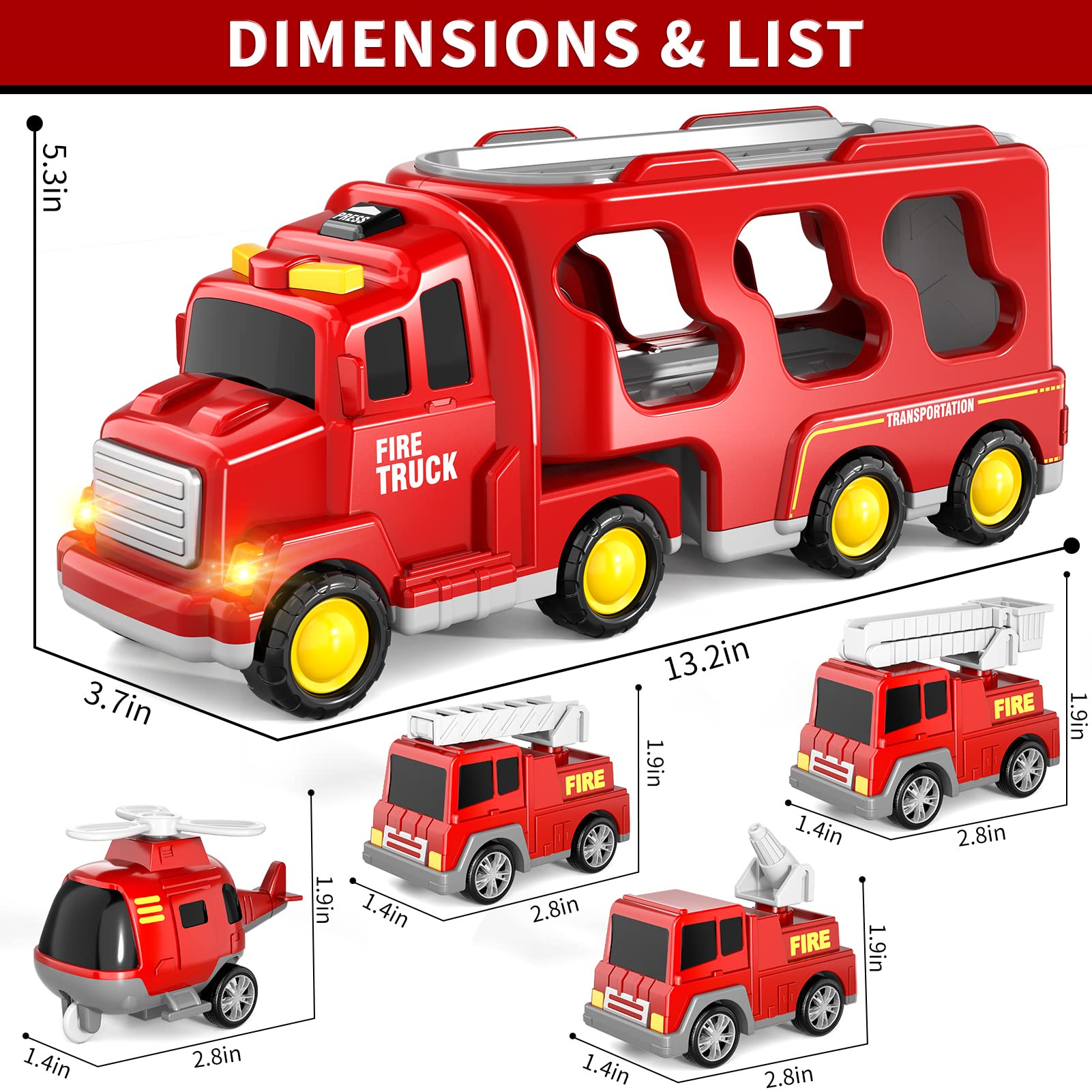 5-in-1 Feuerwehr LKW Spielzeug für Kinder, Reibungsbetriebene Transporter mit 4 Feuerwehrfahrzeugen Jahren für Jungen und Mädchen mit Lichtern und Geräuschen für Kleinkind 4 5 6