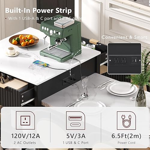 Miniatura 6 de Merax Isla de cocina acanalada de 82.6 pulgadas con mesa de comedor extensible para 4-6, mesa de isla para cocina con toma de corriente, mesa de