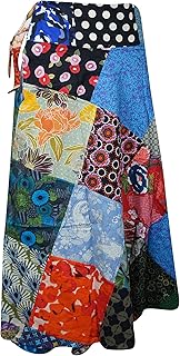 Mogul Interior Womens Wrap Around Skirts, Cotton Skirts, Summer Beach Skirt, Blue Patchwork Boho Midi Skirt, One Size