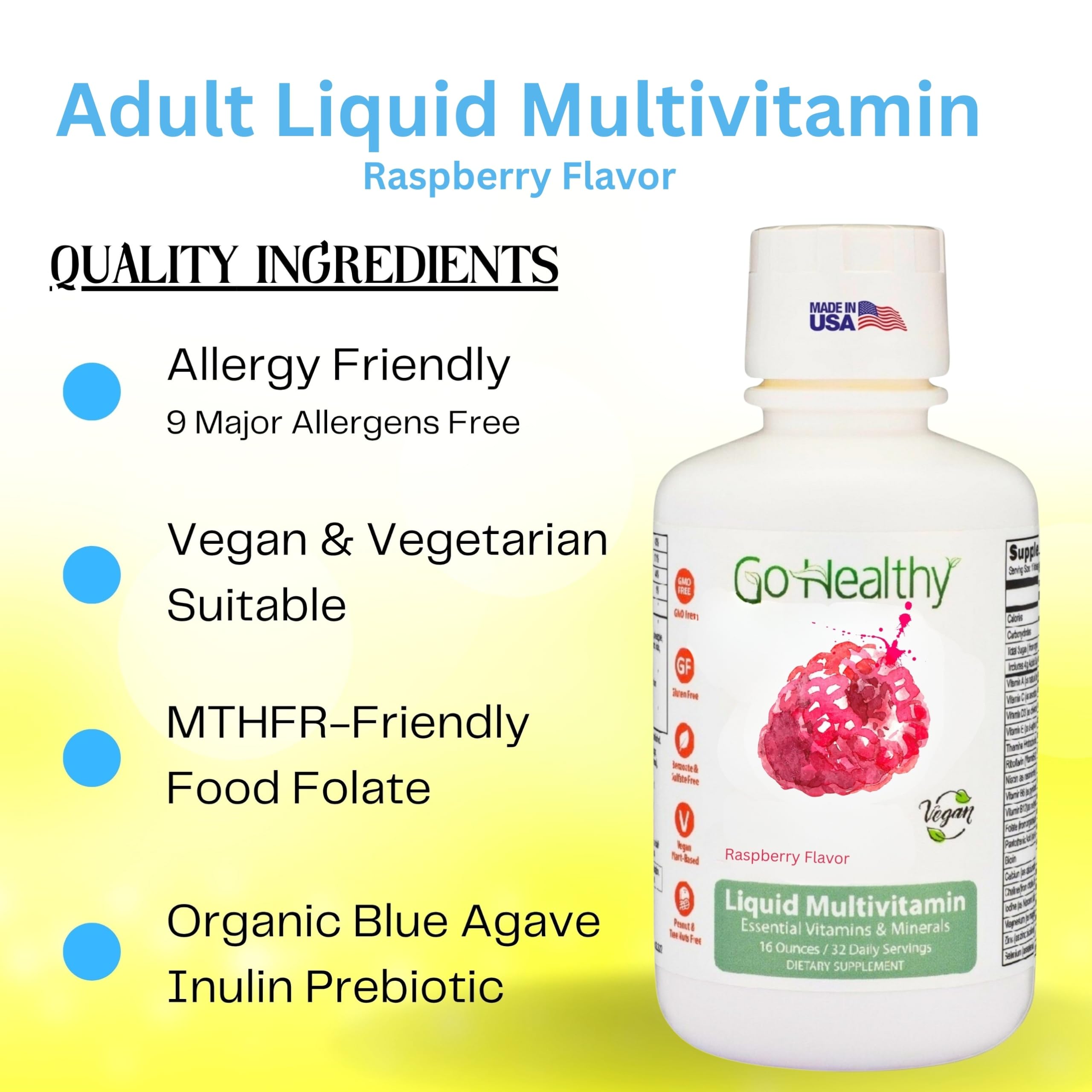 Go Healthy Liquid Multivitamin - Adults, Women & Men, Daily Liquid Vitamins | Immune Support, Liquid, Non-GMO, Gluten Free, MTHFR-Friendly Folate, Vegan, Vegetarian, Raspberry Flavor