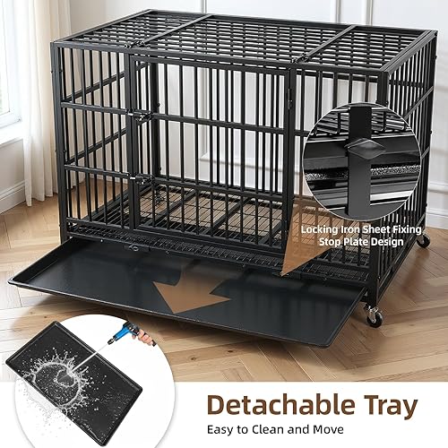 Miniatura 4 de VOWNER Jaula para perros indestructibles de 42 pulgadas, jaula para perros de alta ansiedad, jaula para perros a prueba de escape con 4 ruedas con