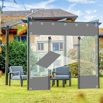 Waterproof Outdoor Clear Tarp Curtains,Gray Transparent Tarpaulin Side Panels with Zipper Door,Garden Pergola Gazebo Patio Carport PVC Tarpaulin Rain Curtain,with Grommets,LH-42.6m13.1 * 8.5ft