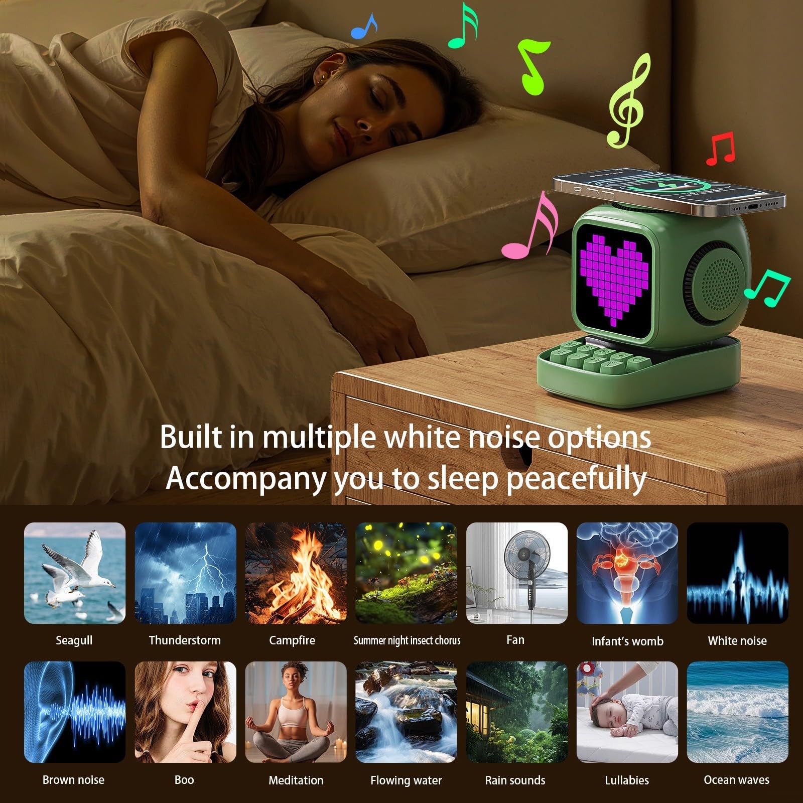 Altoparlante wireless retrò con audio da 10 W, ricarica magnetica da 15 W, sveglia e suoni emoticon attivati al tocco, ABS + PC, bianco per camera da letto o ufficio (bianco)