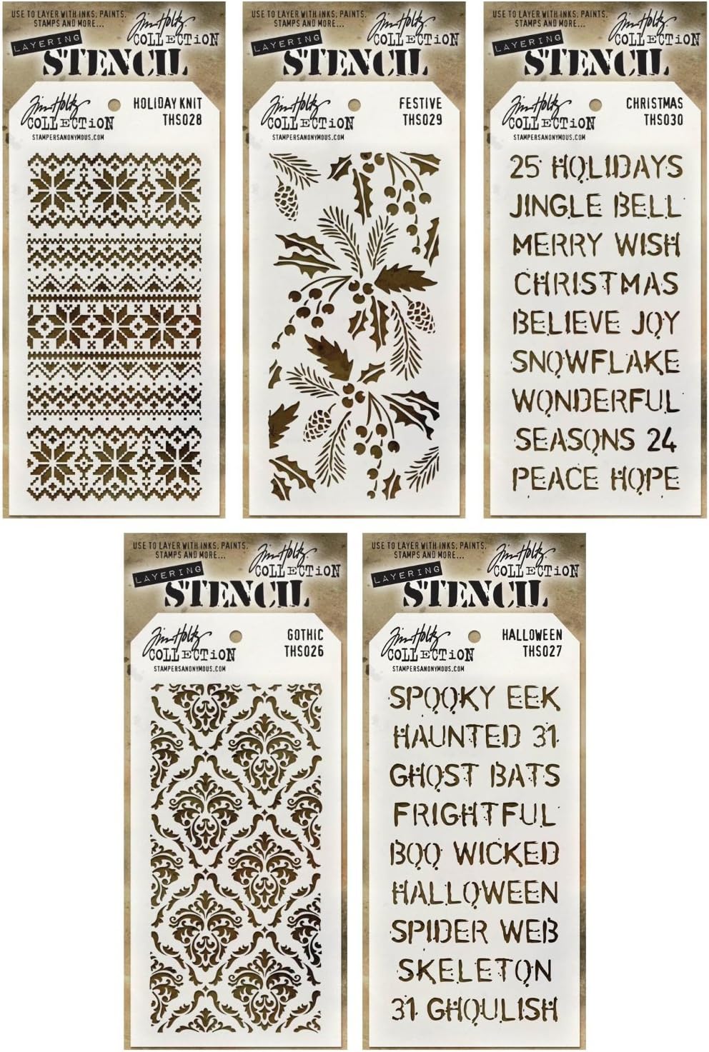 Tim Holtz Stencils Set - #26 to #30 - Gothic Layered, Halloween Layered, Holiday Knit Layered, Festive Layered & Christmas Layered - 5 Item Bundle