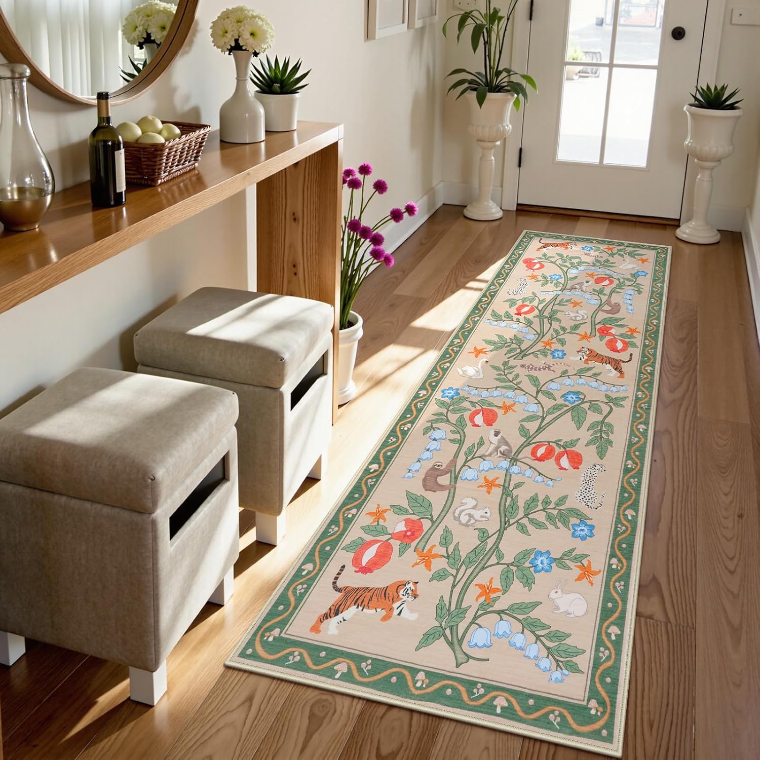 Collive 2x6 Hallway Runners Rug Non Slip, Green Washable Jungle Animal Kitchen Rug Runner for Hallways, Low Pile Entryway Carpet Soft Stain Resistant Bathroom Mats for Laundry Room, Bedside, Bedroom