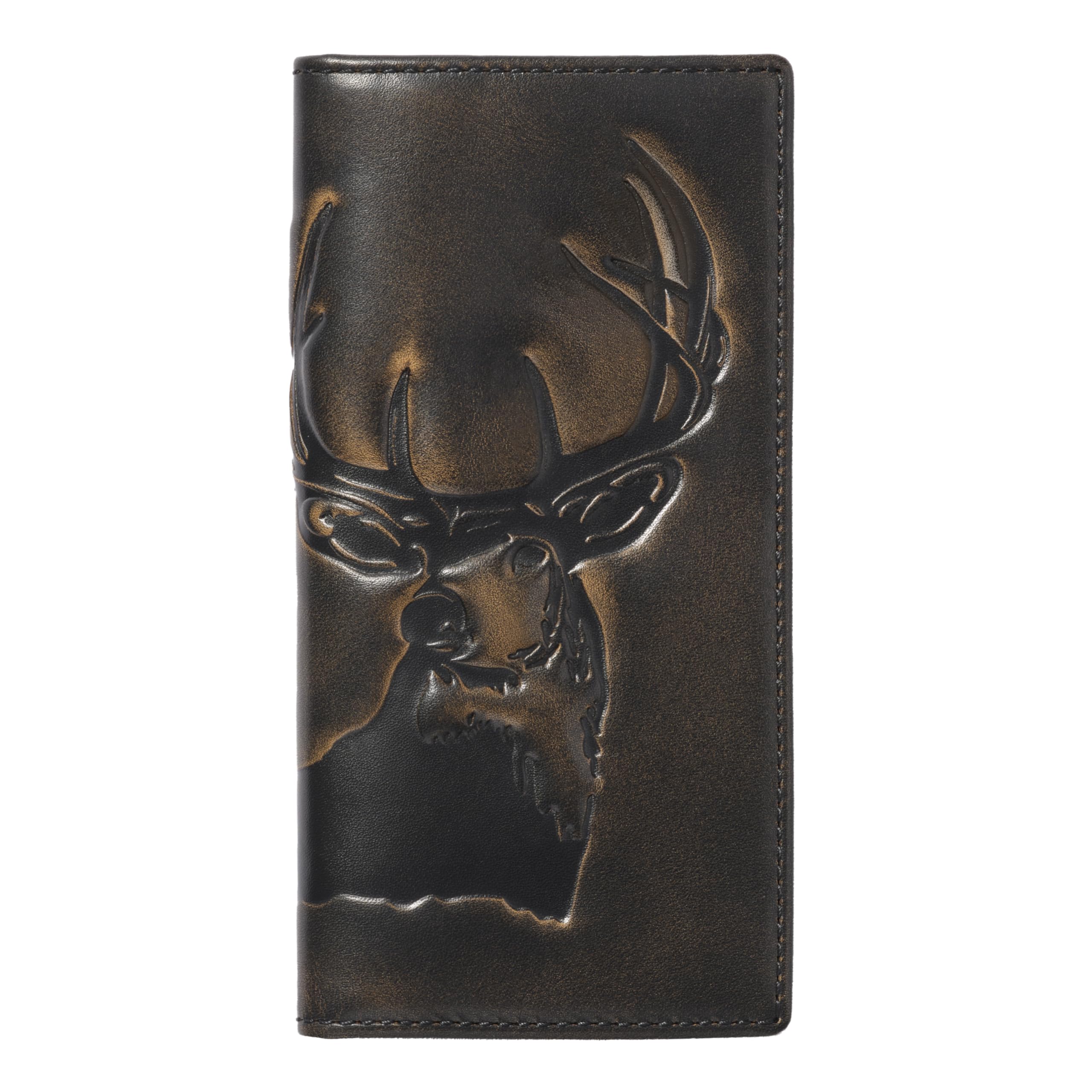 Deer Long Bifold Wallet for Men, Full Grain Cowhide Leather Rodeo Wallet, Hunting & Outdoorsman Tall Wallet, Black