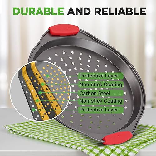 Miniatura 2 de NutriChef Juego de bandejas para pizza de 3 piezas con asas de silicona, sartén redonda antiadherente para pizza con agujeros perforados, acero al