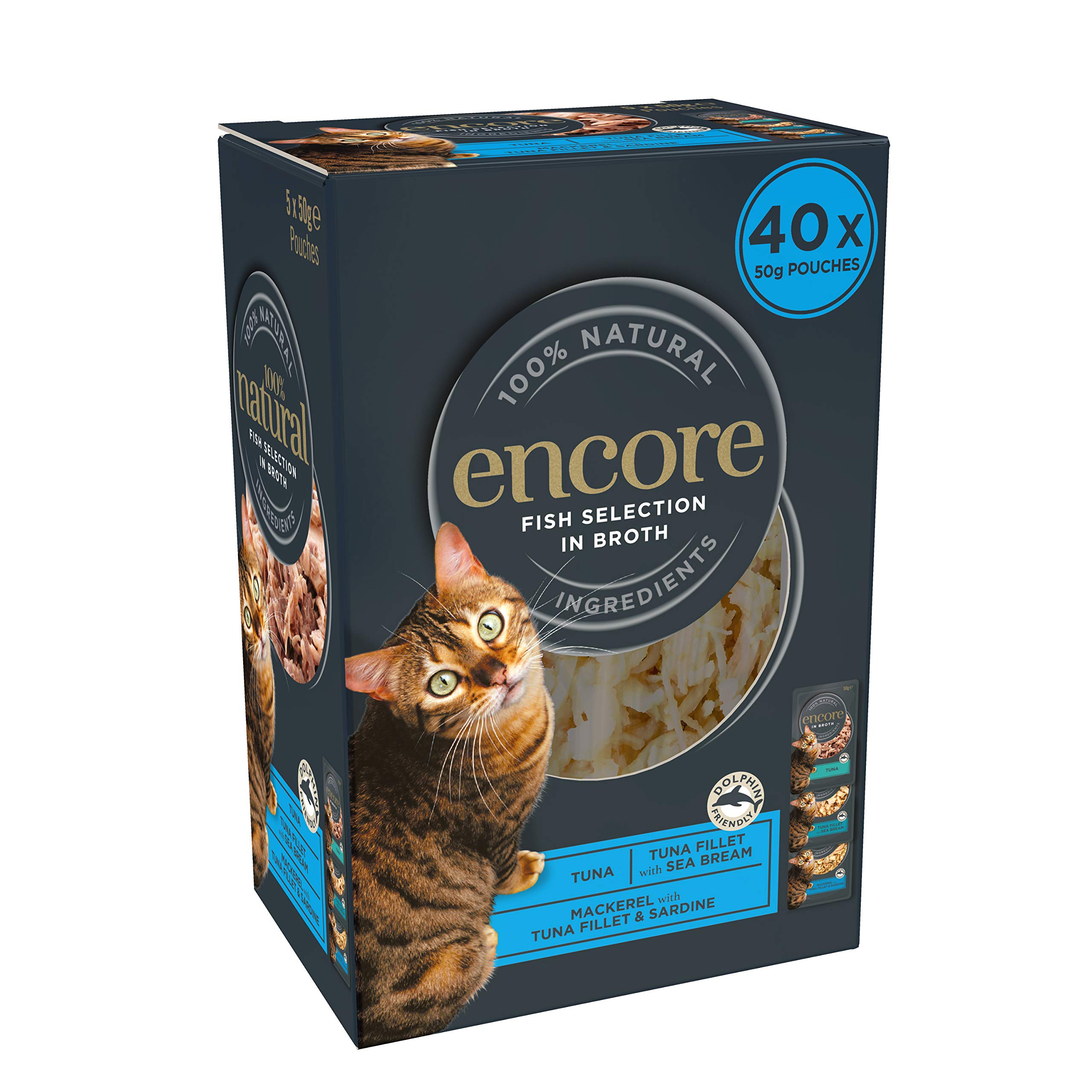 Encore 100% Natural Wet Cat Food, Multipack Fish Selection in 50g Pouch, 8x 5x 50g (Total 40 Pouches)