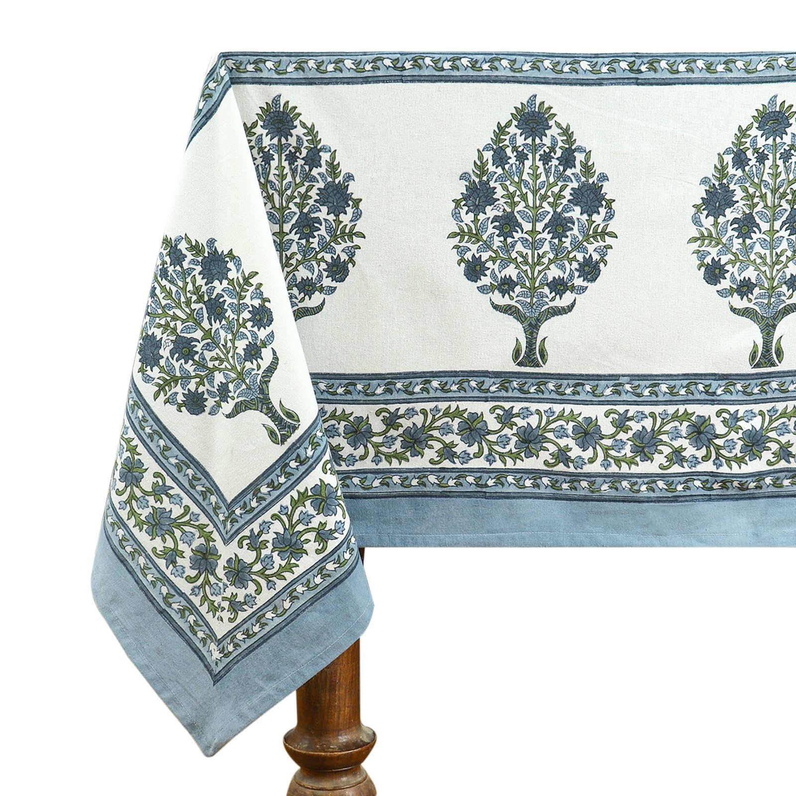72x180 Inches Rectangle Hand Block Printed Cotton Tablecloth, White Blue Floral Table Cloths Washable Indian Table Linen For Dinning Home Decor Spring Autumn Outdoor Thanksgiving — image 1