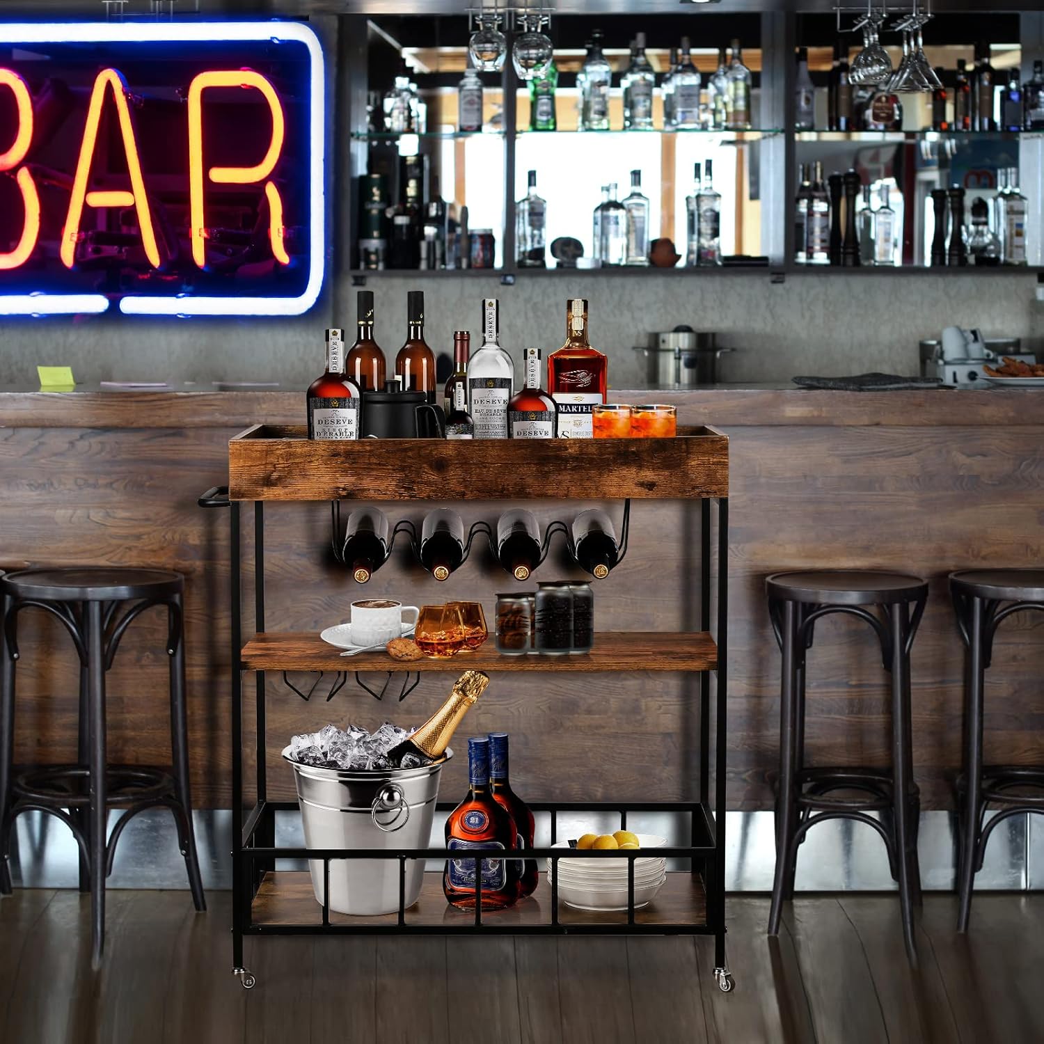 SMOOL Industrial Bar Carts for The Home, Mobile Bar Serving Cart with Glass Holders, Wine Cart on Wheels, Rustic Brown - Bar & Serving Carts