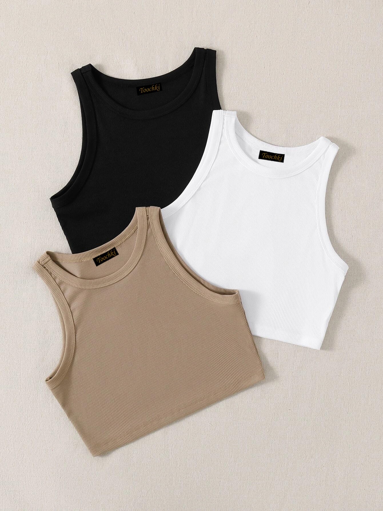 Toochki Top para mujer | Tops cortos de elastano | negro, blanco, beige, gris, corto, occidental, paquete de 3 unidades