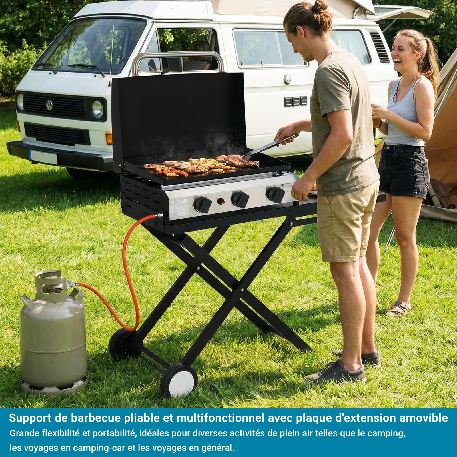 LIFERUN Chariot de Barbecue Pliable avec 2 Roues,Table Pliante Portable avec Tablette Latérale Amovible,Support Stable de Cuisson d'Extérieur pour Plancha,pour Camping,Jardin,Terrasse,102x39cm,Noir