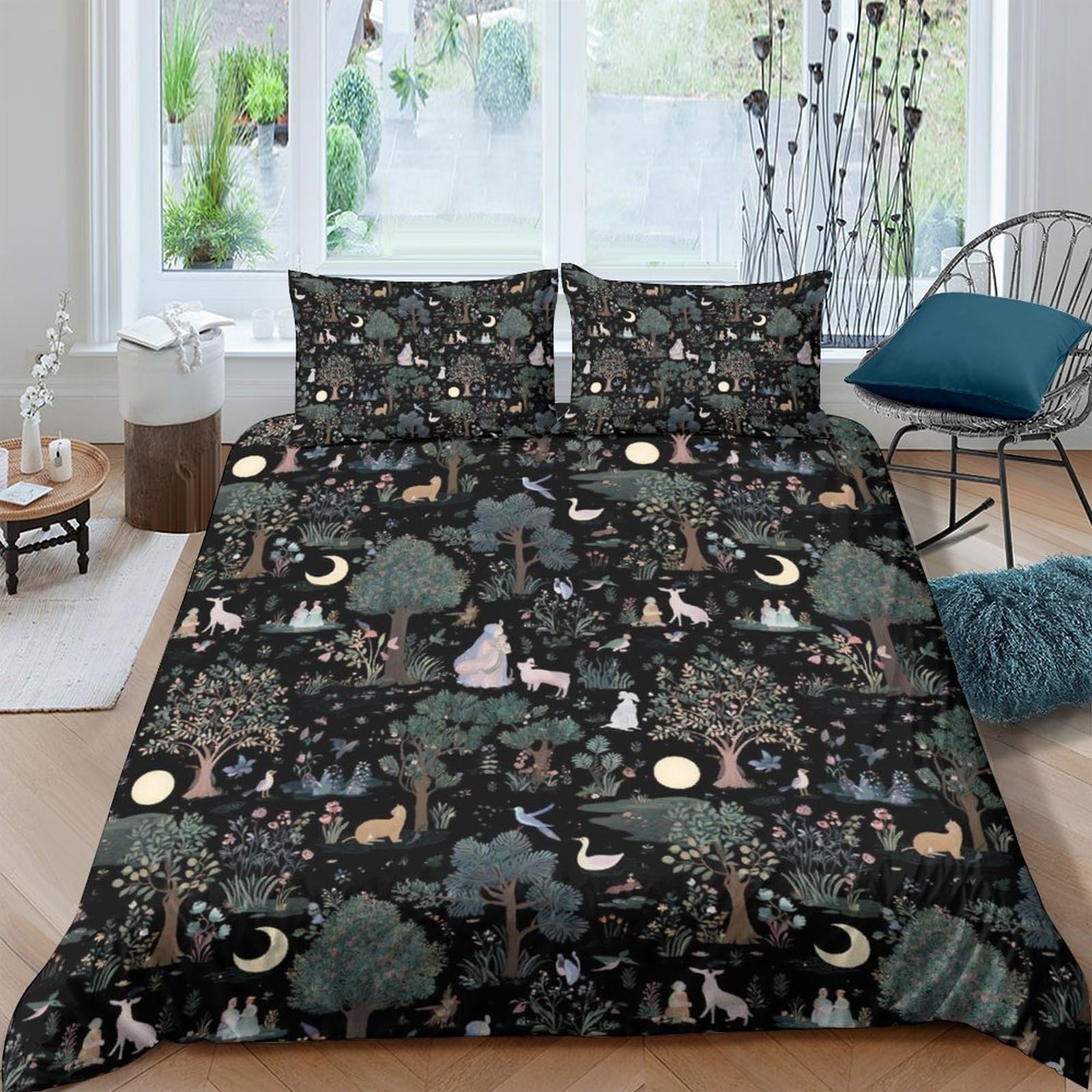 Ctjqhvkz Style-3 3D Printed Enchanted Forest Fitted Sheet Microfiber Soft Breathable Night Woodland Mattress Cover Bedroom Decor Single（135X200cm）