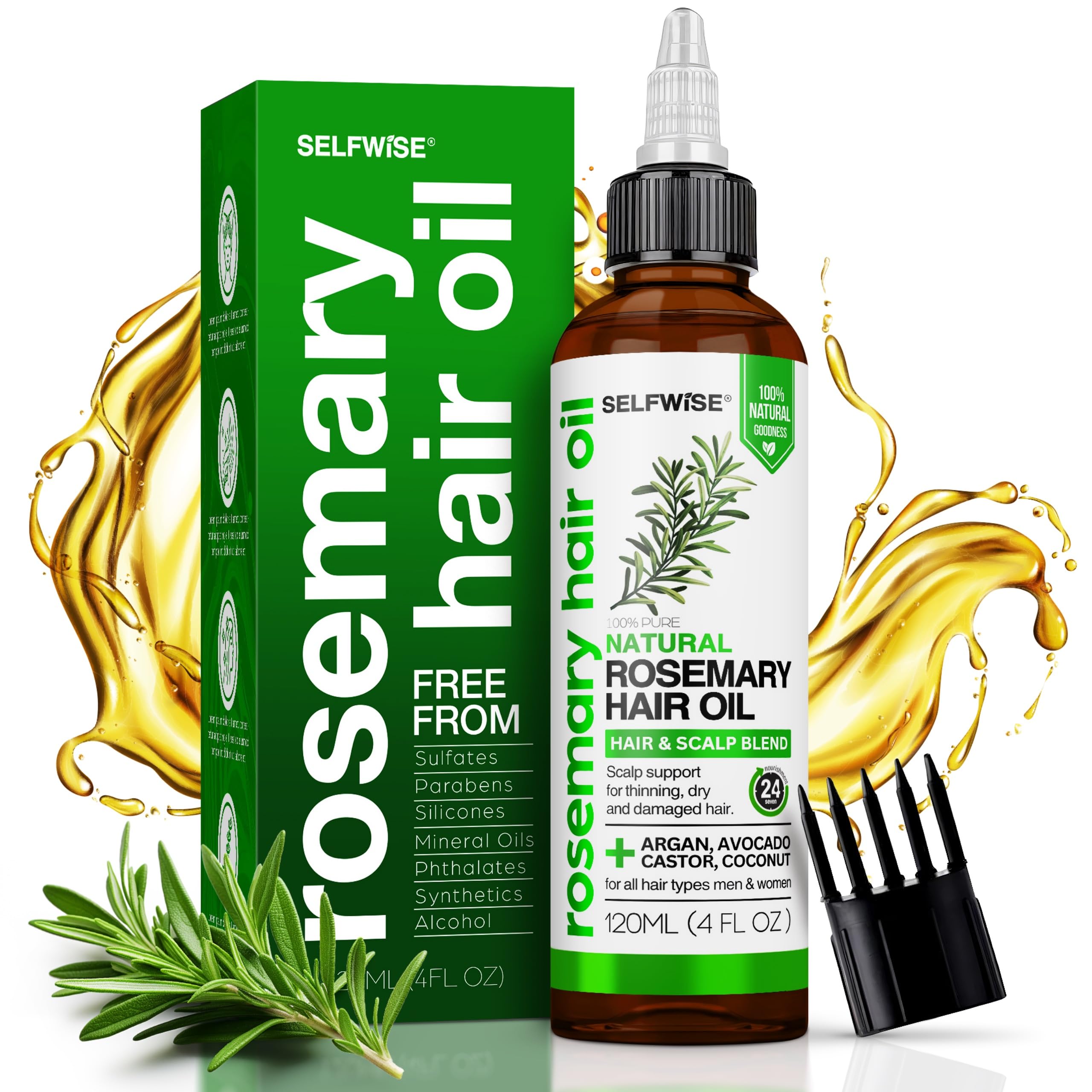 SELFWISE Rosemary Hair & Scalp Oil, 3-in-1 Kit with Comb Applicator and Precision Nozzle, Rosemary Mint Multi-Oil Blend with Castor, Coconut, Argan & Avocado, 4 Fl Oz 4 Fl Oz (Pack of 1)