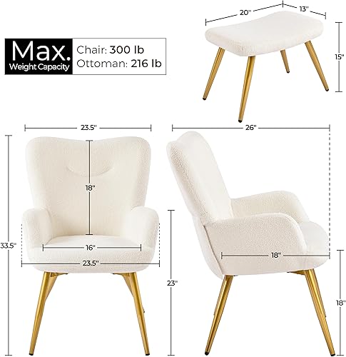 Miniatura 3 de Yaheetech Accent Chair and Ottoman Set, Sherpa Armchair with Golden Metal Legs and High Back, Footstool for Living Room, Lounge, Gray