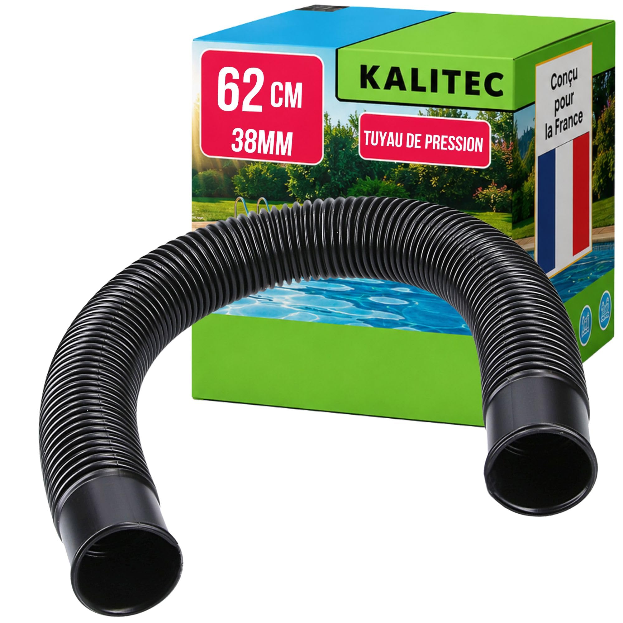 Kalitec tuyau pression 38 mm 62 cm noir aspiration flexible pompe piscine filtre sable skimmer raccordement 1 1/2 pouce