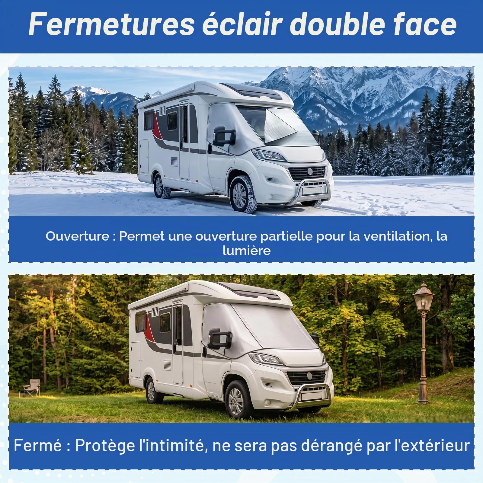 Housse de pare-brise avant pour camping-car avec deux fermetures éclair, compatible avec FIAT Ducato, Peugeot Boxer, Citroën Relay X250/X290 (2006+), housse de pare-brise argentée, imperméable