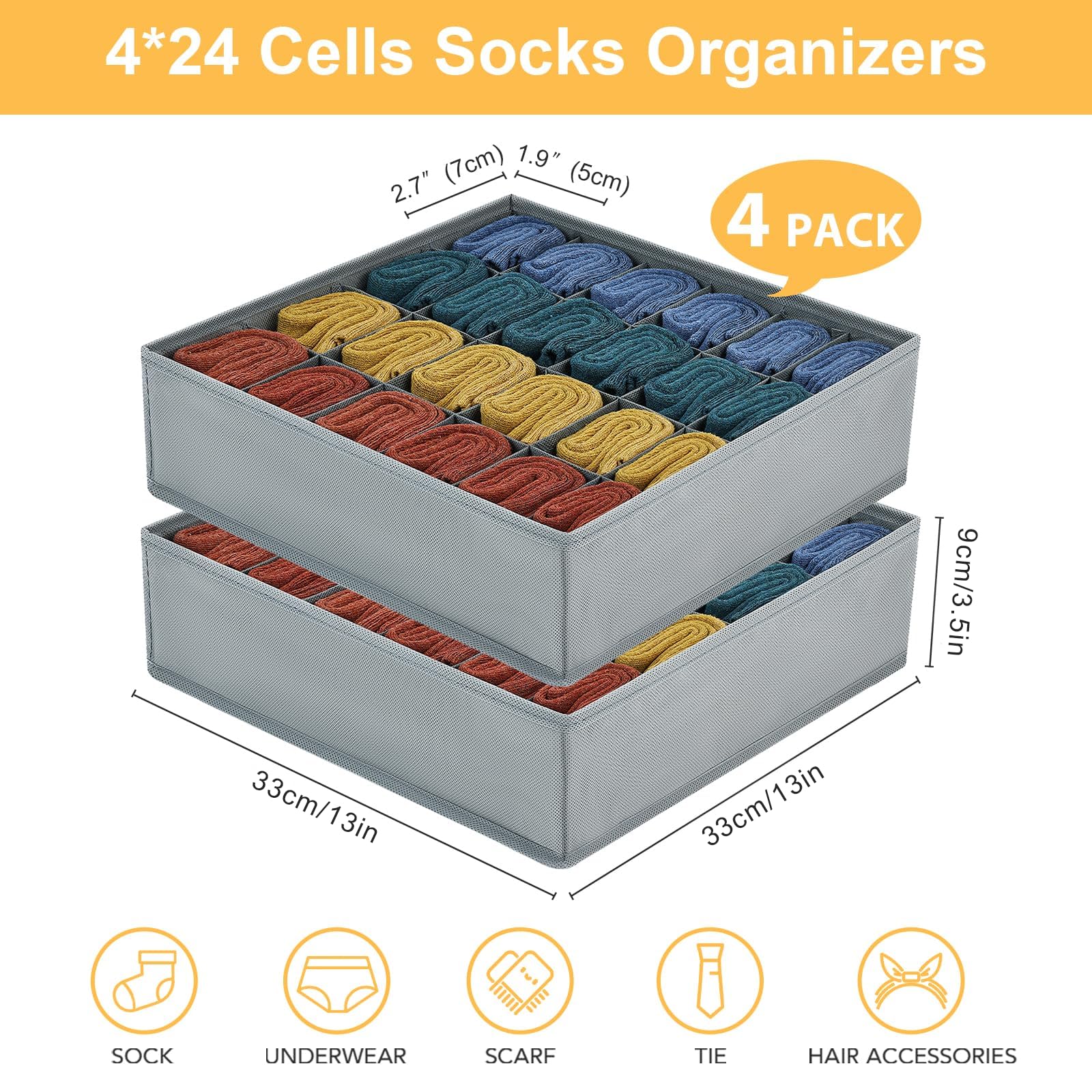 Joyoldelf 4 Stück Aufbewahrungsboxen für Socken und Unterwäsche, 24 Zellen Faltbare Boxen (Faltbox, Drawer Dividers, Schubladen Organizer Stoffboxen