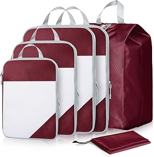 PACKINGCOZY Compression Packing Cubes for Suitcases, 3 Set / 6 Set / 7 Set Compression Packing Cubes Travel Essentials, Compressible Travel Packing Cubes Organizers Carry On Luggage Women, Men, Kids, Wine