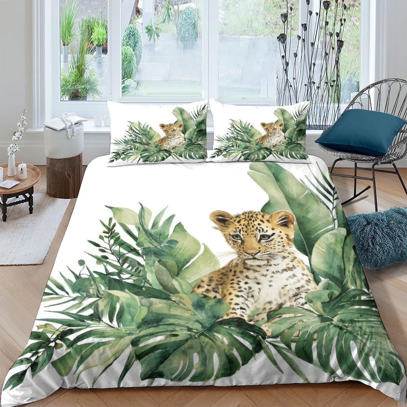 Ctjqhvkz Style-2 3D Printed Jungle Leopard Fitted Sheet Microfiber Soft Green Leaves Bed Cover For Bedroom Guest Room Decor Single（135X200cm）
