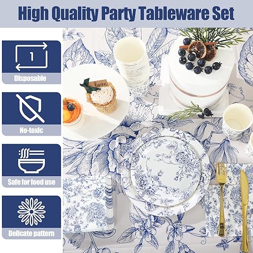 Miniatura 4 de Zhehao Juego de vajilla desechable floral azul y blanco de 127 piezas para 25 invitados, platos de papel floral, servilletas, vasos, mantel de