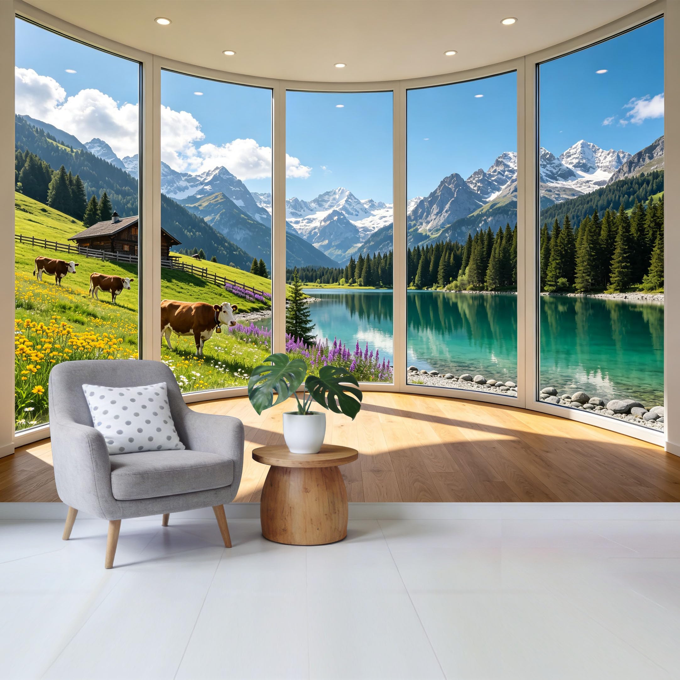 Removable Self Adhesive Fabric Mural， Alpine Meadow Mountain Lake Custom Size Wall Covering， UV Protected Waterproof Washable Wall Decor for Living Room Bedroom Bathroom