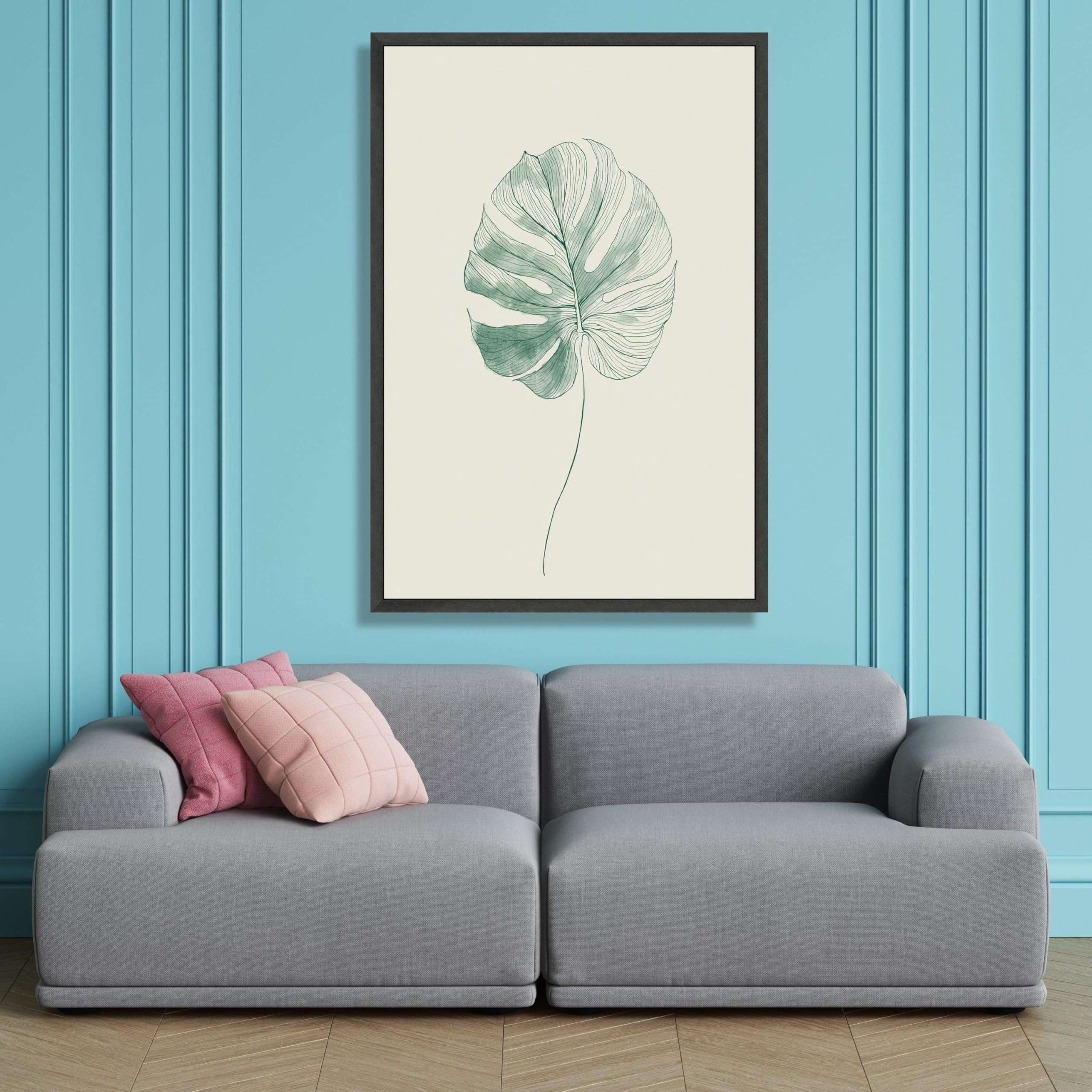 XINBAO Minimalistyczny obraz liści monstery, płótno, botaniczna sztuka ścienna, ilustracja zielonych roślin, dekoracja natury, nadruk liści (80 x 120 cm)