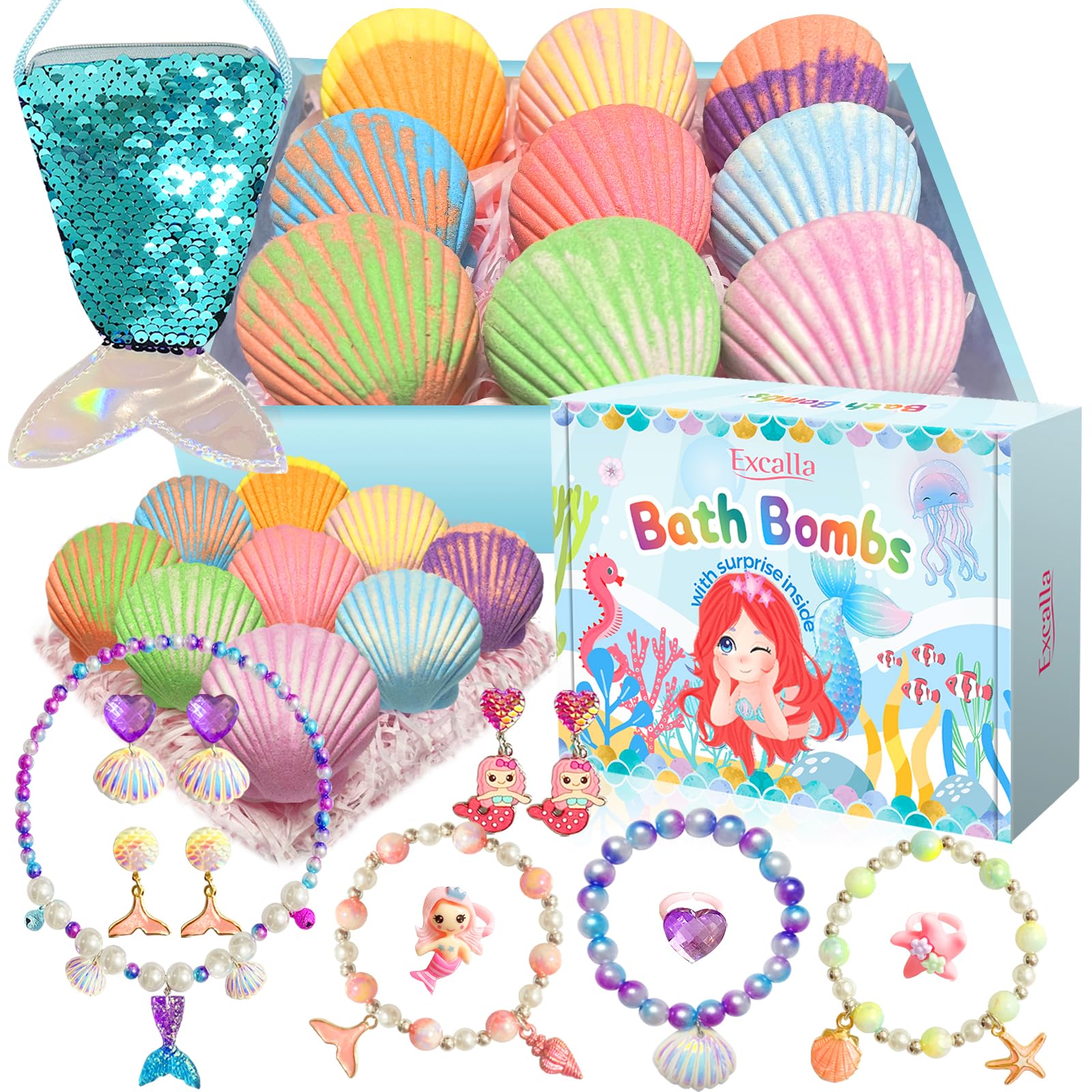 Mermaid Bath Bombs for Kids with Surprise Inside, 9 Pcs Natural Handmade Fizzy Shell Bubble Bath Bomb Kit for Girls with Jewelry Toys, Pefect for Christmas Easter Birthday Gift Princess Party Favor