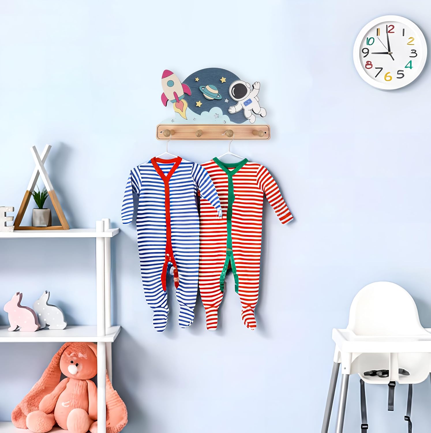 Wooden Organizer Cute Space Planet Rocket Kids Coat Rack Key Hanger Wall Mount for Coats Hats Towels Bags Hanging Decorative Wood Hook
