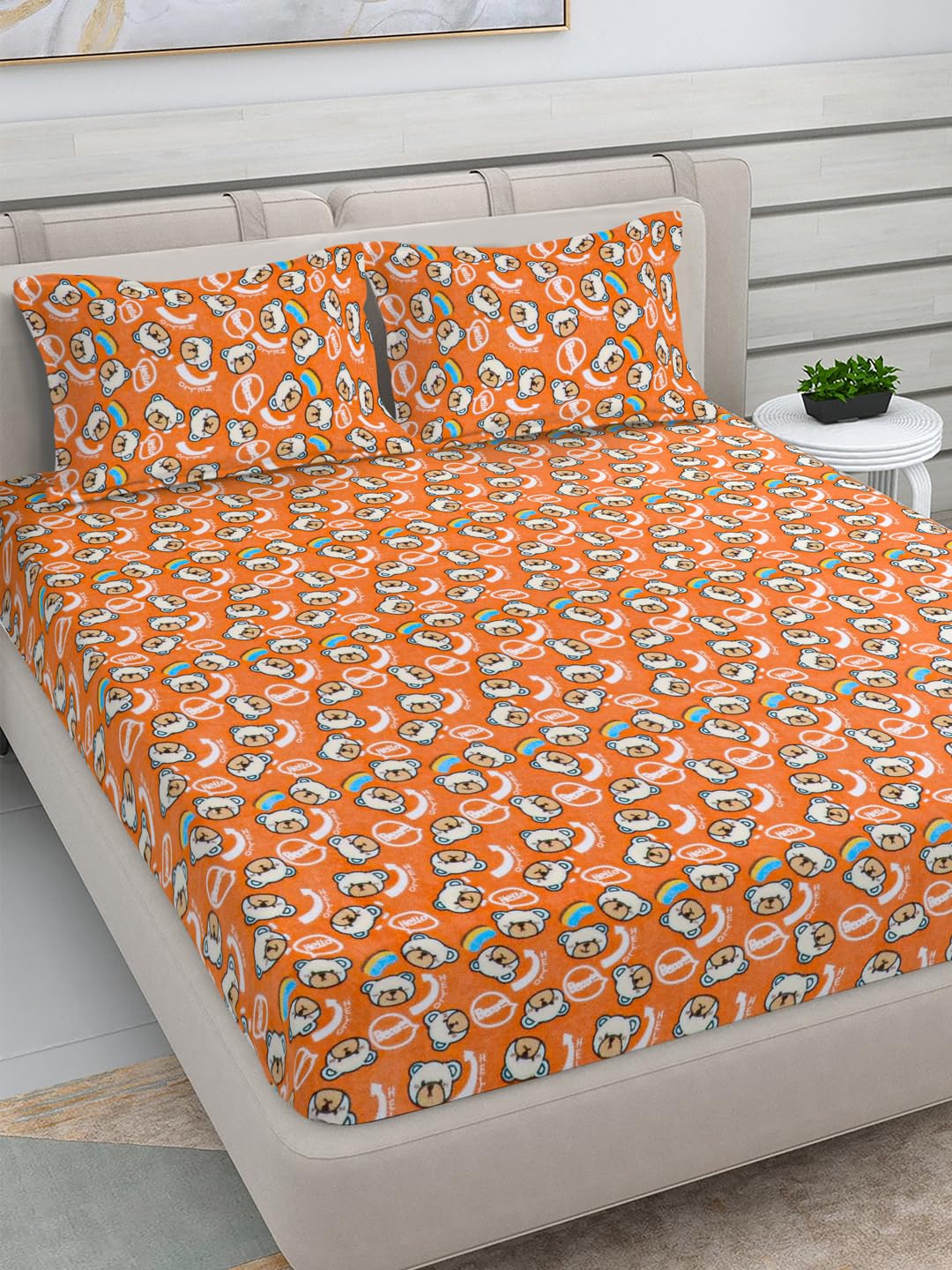 FABINALIV Orange Cartoon Woollen King Size Double Bedsheet with 2 Pillow Covers (FLWBS-1103-Orange)-image-0