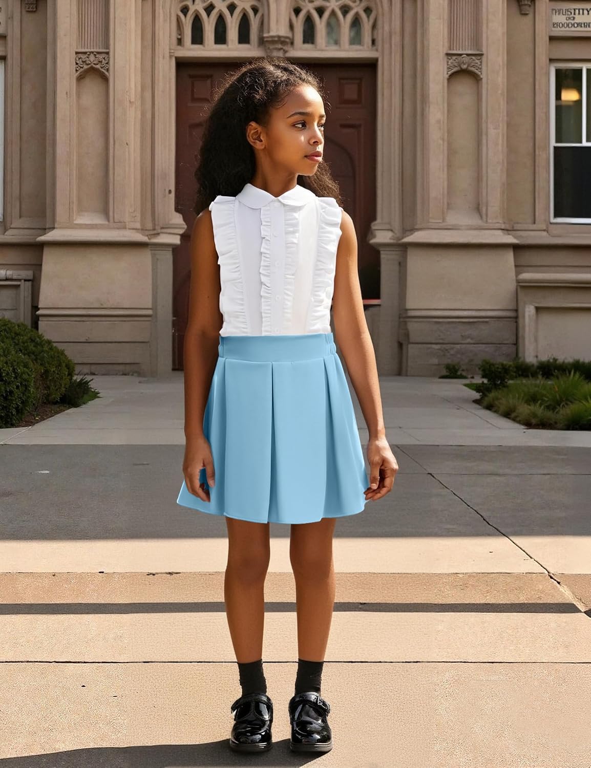 Girls Two Piece Outfits Sleeveless Peter Pan Collar Ruffle White Button Down Shirts and Pleated Skirt Set