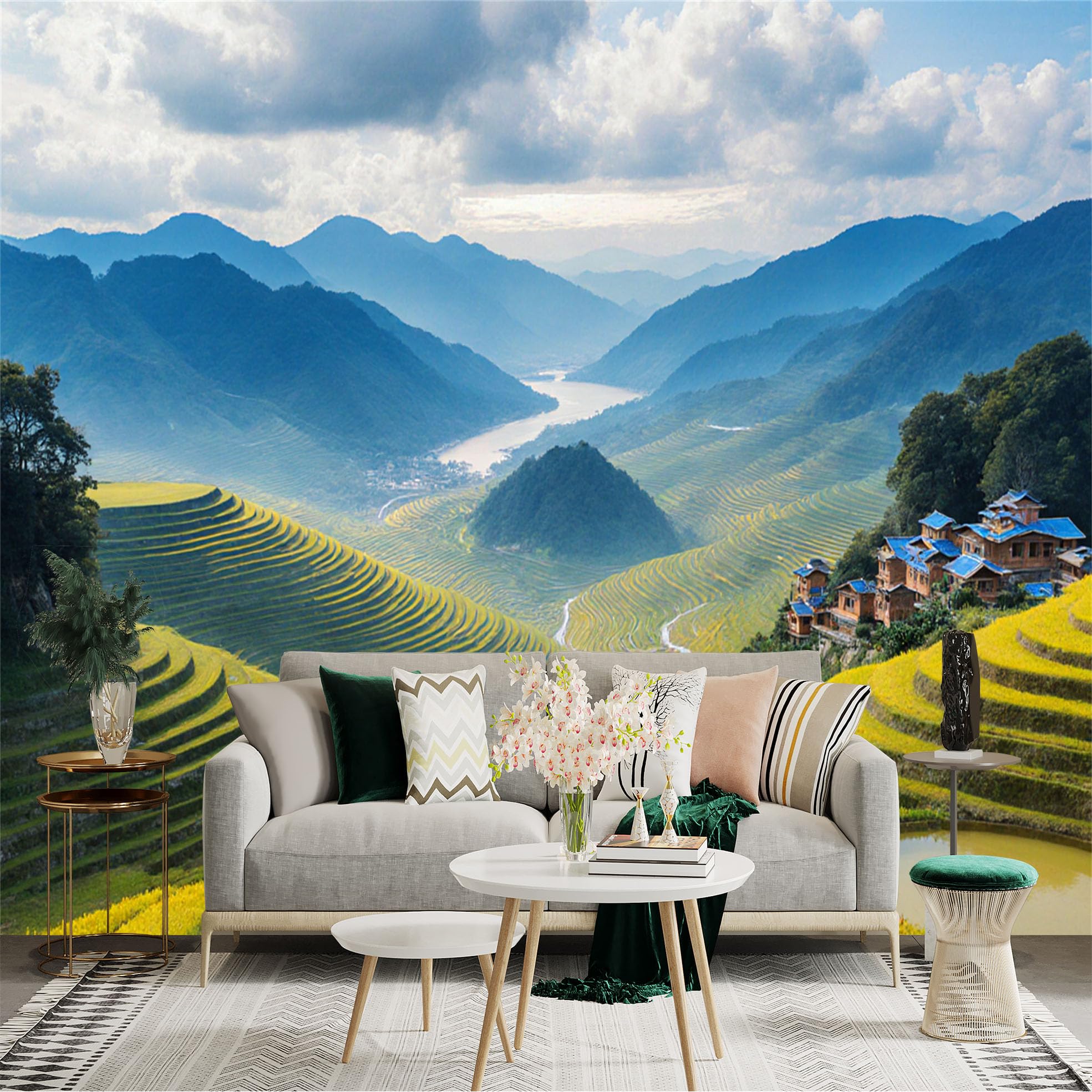 Lnzczhyre Xc260505876 Custom Size Wall Sticker Mural， Rice Terraces In Autumn， Mountain Valley Landscape， Golden Farmland View， For Wall Decoration， Peelandstick Wall Decals.