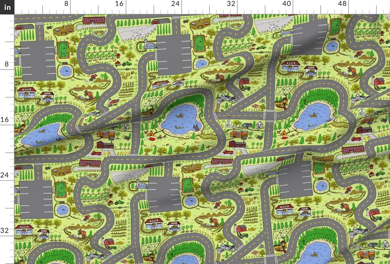 Spoonflower Fabric - Country Playmat Map Toy Car Airplane Nursery Boy Tractors Trucks Printed on Upholstery Velvet Fabric Fat Quarter - Upholstery Home Decor Bottomweight Apparel