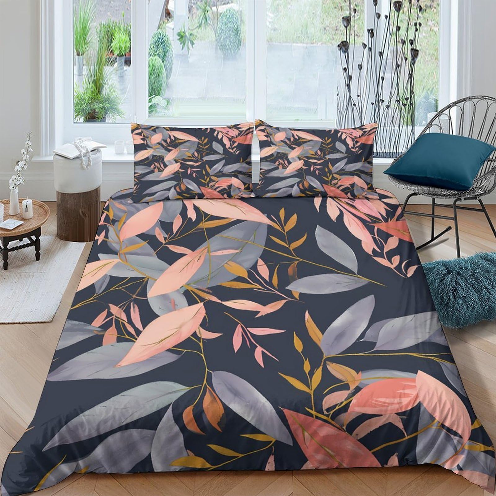 TUFRTGYHN 3D Printed Botanical Leaf Duvet Cover Microfiber Soft Breathable Autumn Foliage Bedding Set with 2 Pillowcases for Bedroom Decor Single（135x200cm）