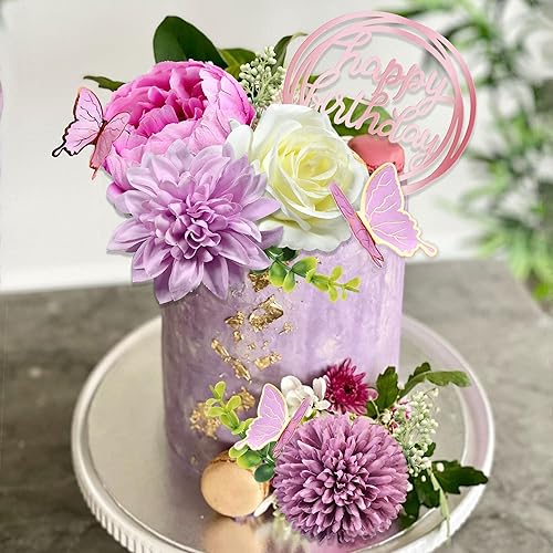 Miniatura 7 de 14 adornos de mariposa para tartas de feliz cumpleaños, con flores artificiales moradas, mariposas de eucalipto para niñas, fiesta de cumpleaños,