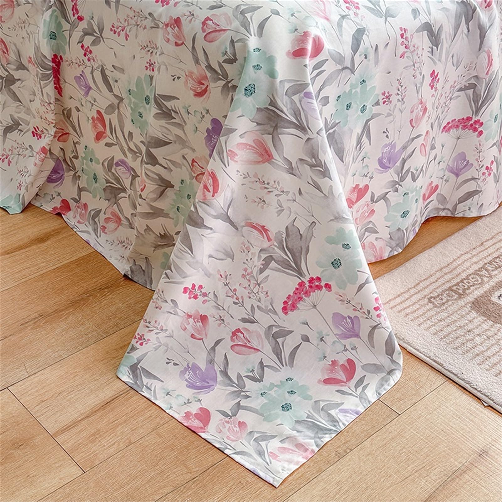 Bettlaken Betttuch Haustuch Laken aus 100% Baumwolle mit Blumenmuster ohne Gummizug Atmungsaktives und Weiches(Flower A,245x270cm Rounded)