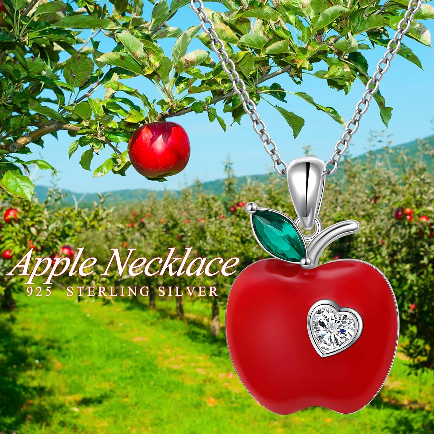 FLYOW Red Apple Necklace for Women 925 Sterling Silver Pendant Necklace Apple Lovers Jewelry Teacher's Day Christmas Gifts - Image 7