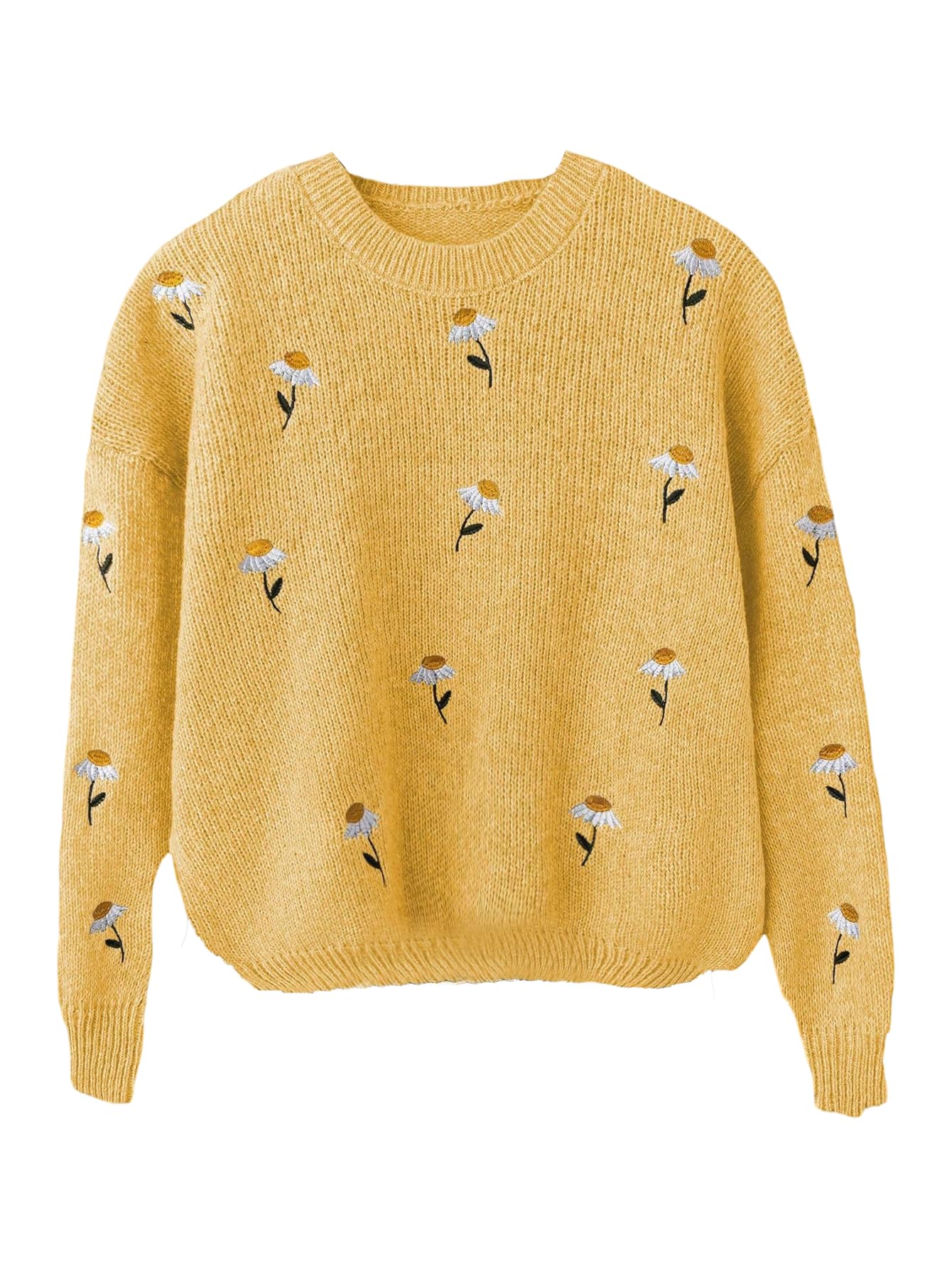 Womens Plus Size Floral Embroidered Knit Sweaters Long Sleeve Crew Neck Lightweight Sweater Jumper