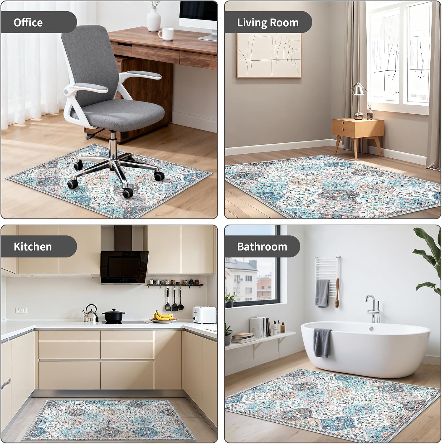 RUGSREAL 36x48 Chair Mat for Office, Noise-Reduced Chair Mats for Hardwood Floor & Tile, Easy-Glide Floor Protector for Rolling Chairs, Non-Slip Vintage Distressed Floral Floor Mats for Study, Blue