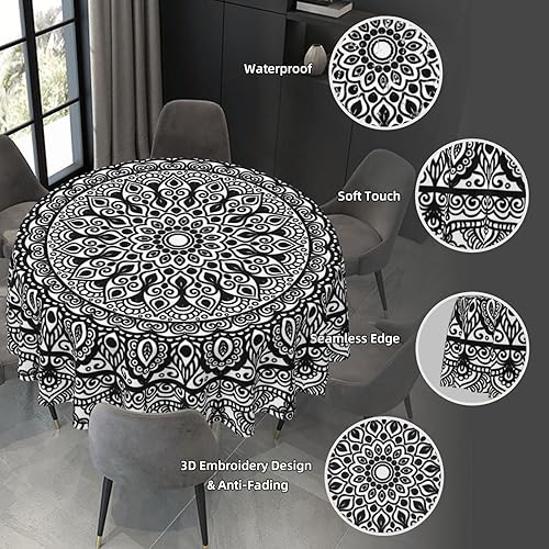 Miniatura 5 de YETTA YANG Mantel redondo con diseño de mandala blanco y negro, impermeable, para fiesta de pícnic, patio, fiesta, mantel circular de 60 pulgadas